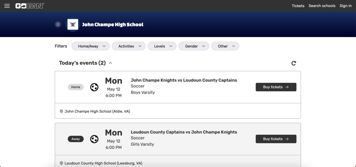 Screenshot of the new home screen of GoFan to purchase tickets for athletic events at John Champe High School. 